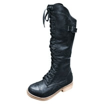 Mostsola Knee High Boots Women Lace up Motorcycle Boots Low Heel Round Toe Mid Calf Riding Boots