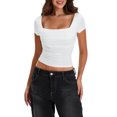 thumbnail image 2 of Michellecmm  Women's Ruched Cropped Tops Solid Short Sleeve Square Neck T-Shirt, 2 of 9