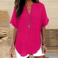 thumbnail image 5 of Womens Cotton Linen Tops Casual V Neck Blouse Loose Fit Short Sleeve Shirt Lightweight Summer Beach Vacation Clothes by Gbobgt Hot Pink L, 5 of 6