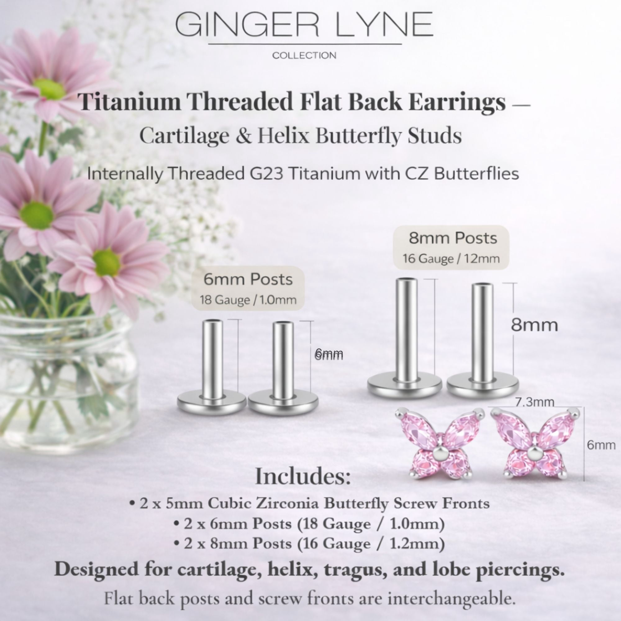 Small Butterfly CZ Solitaire Flat Back Stud Earrings Titanium Body Piercings by Ginger Lyne 2 Sets Post 6mm 8mm