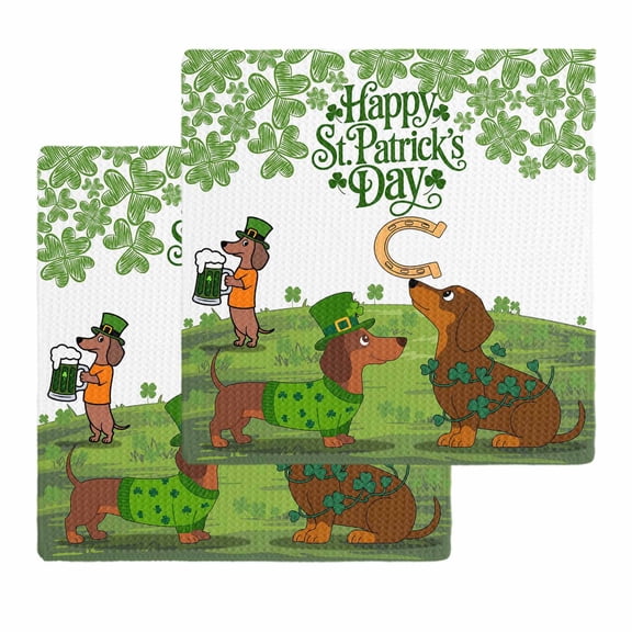 St. Patrick's Day Kitchen Dish Towels for Drying Dishes Set of 2, Green Lucky Clovers Dog Waffle Weave Microfiber Hand Tea Bathroom Towels Quick Dry & Absorbent Towel 12x12