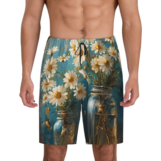 Fotbe Delicate White Daisy Jars Pantalones Cortos de Pijama para Hombre, Ropa de Dormir, Pantalones de Pijama Cortos para Hombre-X-Large