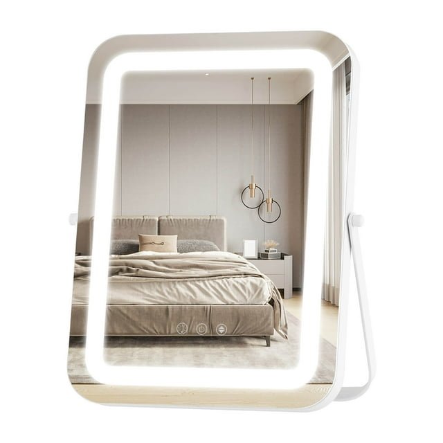 Gymax Miroir de Maquillage à DEL 3 Couleurs 16 Pieds' x 12 Pieds' Rotation à 360° Gradable Commande Tactile Blanc