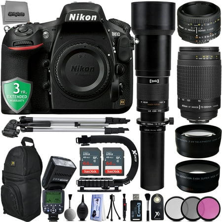 Nikon D810 36.3MP 1080P DSLR Camera w/ 3.2" LCD - 7 fps - Wi-Fi & GPS Ready - 5 Lens - Nikon 50mm 1.8D- Nikon 70-300mm - Opteka 650-2600 - 128GB SD - 23PC Ultra Zoom Kit