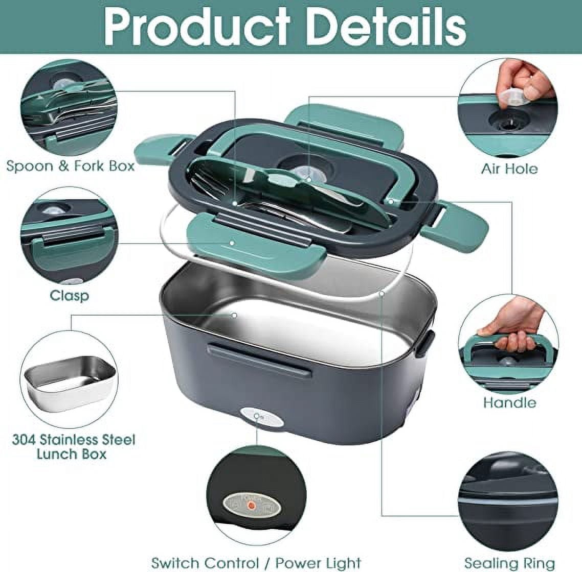 Electric Heating Lunch Box Food Heater/Warmer Portable Heated Lunch Boxes for Car truck and Home Work Adults Electric Lunch Box -Leak Proof, 1.5L Removable 304 Stainless Steel Container