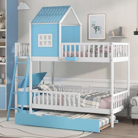 Twin Over Twin Bunk Beds with Twin Size Trundle  Wooden Play House Bunk Bed with Roof Window Guardrail Ladder  Farmhouse Bed with Storage Box and Drawer  No Spring Box Required  Blue