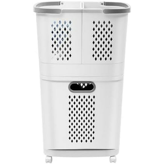 3 Tier Laundry Hamper Basket Sorter with Wheels Handle Movable Household Laundry Basket Large -Held Laundry Basket Clothes Storage Organizer for Bathrooms Bedrooms Off-White