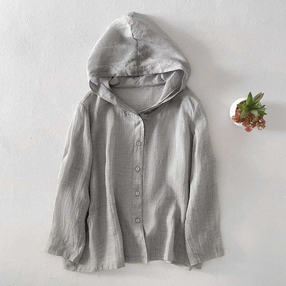 JUSLIO Hoodies for Women Full Button Front Chest Patch Pocket Breathable Sun Protection Shirt,Linen Hooded Drawstring Collar Hoodies Sweatshirts Gray L