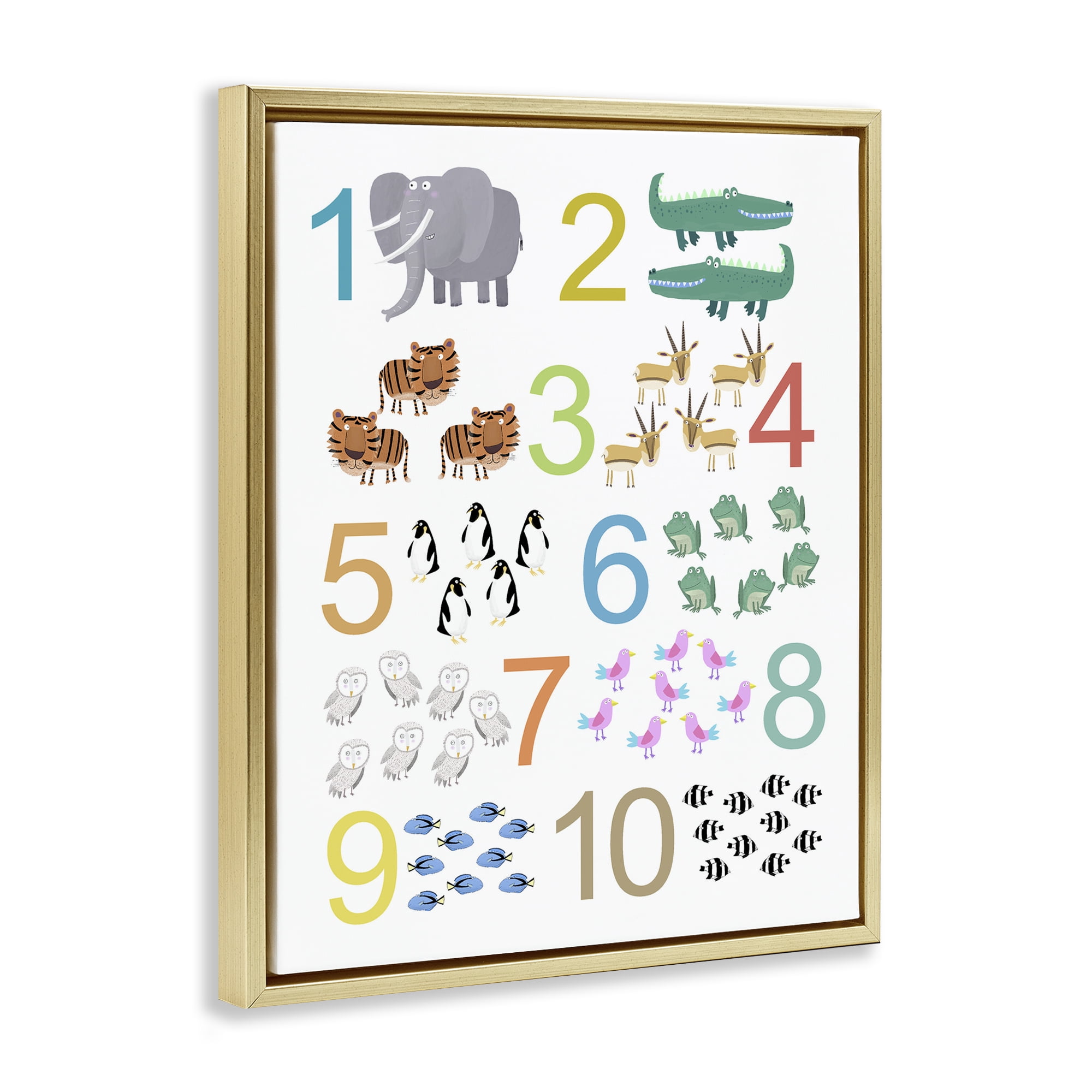 Kid's Counting Animals Gold Framed Floater Canvas Wall Art, design by Carla Daly