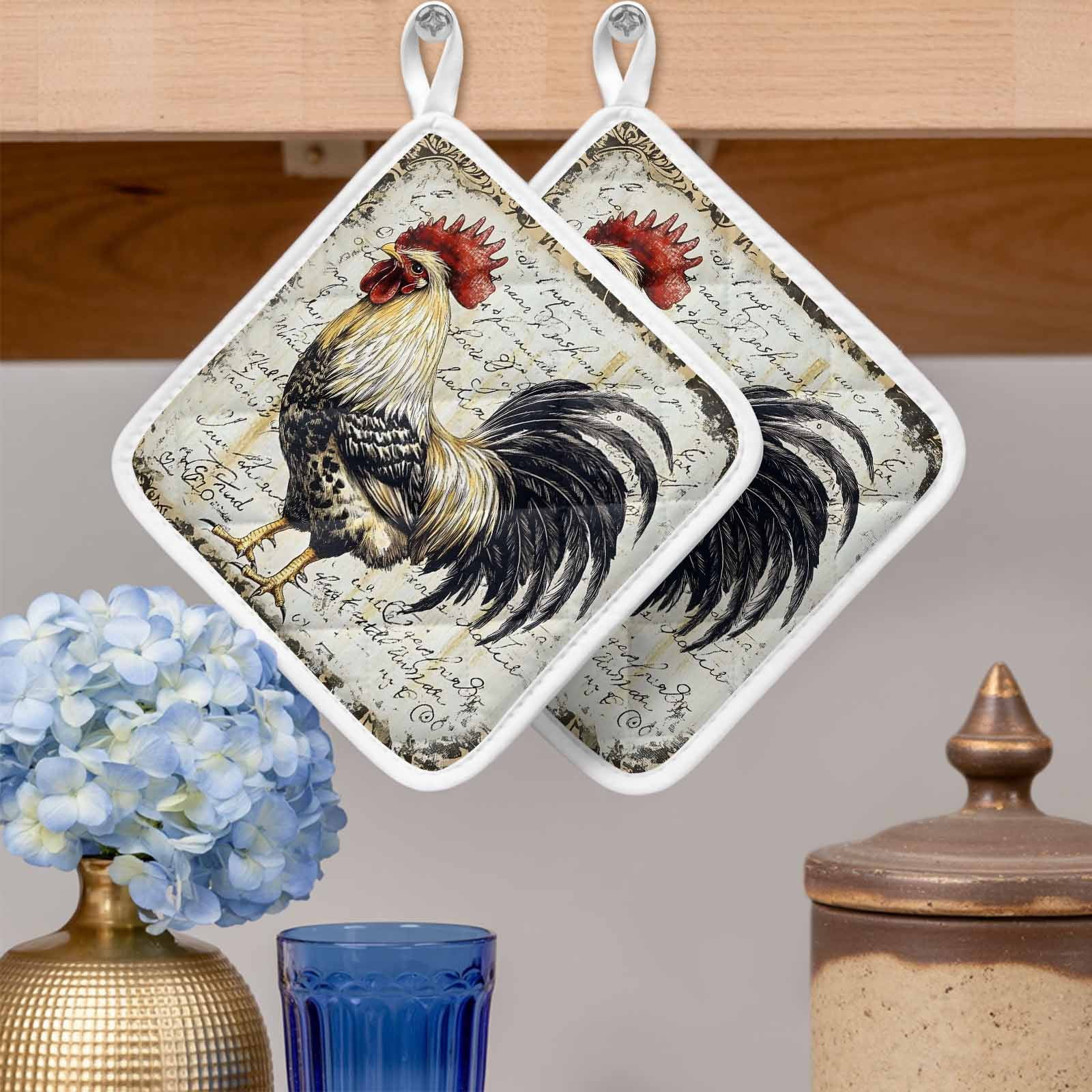 Vintage Rooster Pot Holders for Kitchen Heatproof Potholder, 4 Pack Watercolor Black Yellow Farmhouse Animals Hot Pads Multipurpose Oven Pads Cloth Potholders Trivet for Cooking and Baking