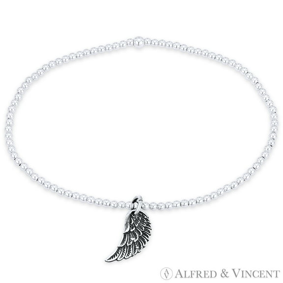 Oxidized Angel's Wing Charm & Polished Ball Bead Stretch Bracelet in .925 Sterling Silver