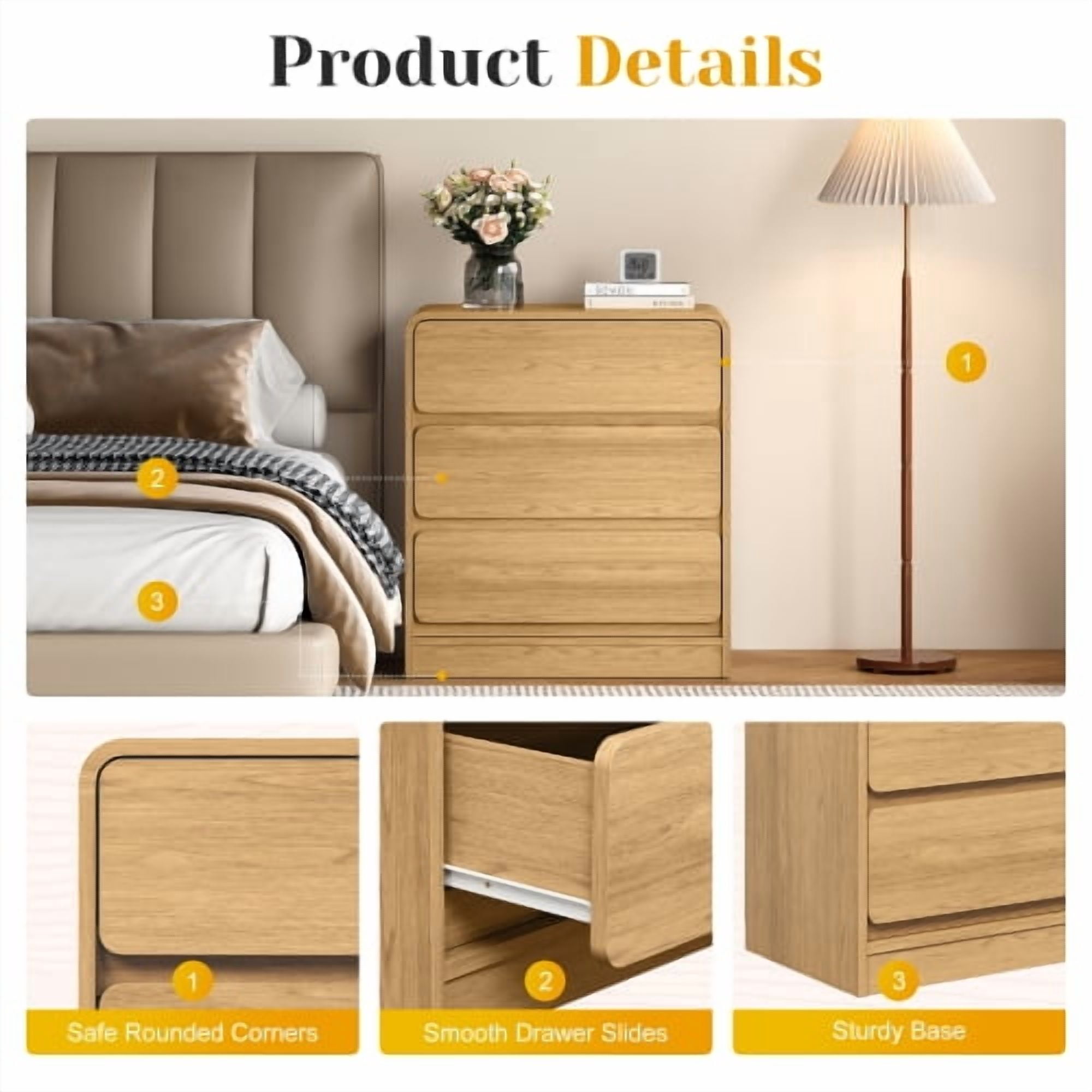 Wood 3-Drawer Nightstand Set of 2, Modern Multi-Purpose Side Table with Anti-Tip Kit, Natural
