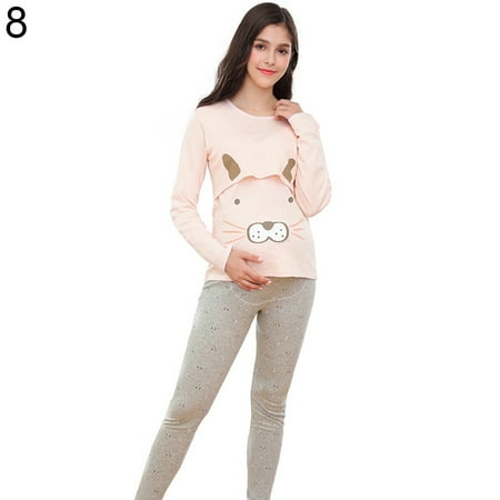 

Realyc Cartoon Animal Maternity Nursing Pajama Set Long Sleeve Breastfeeding Top Pants