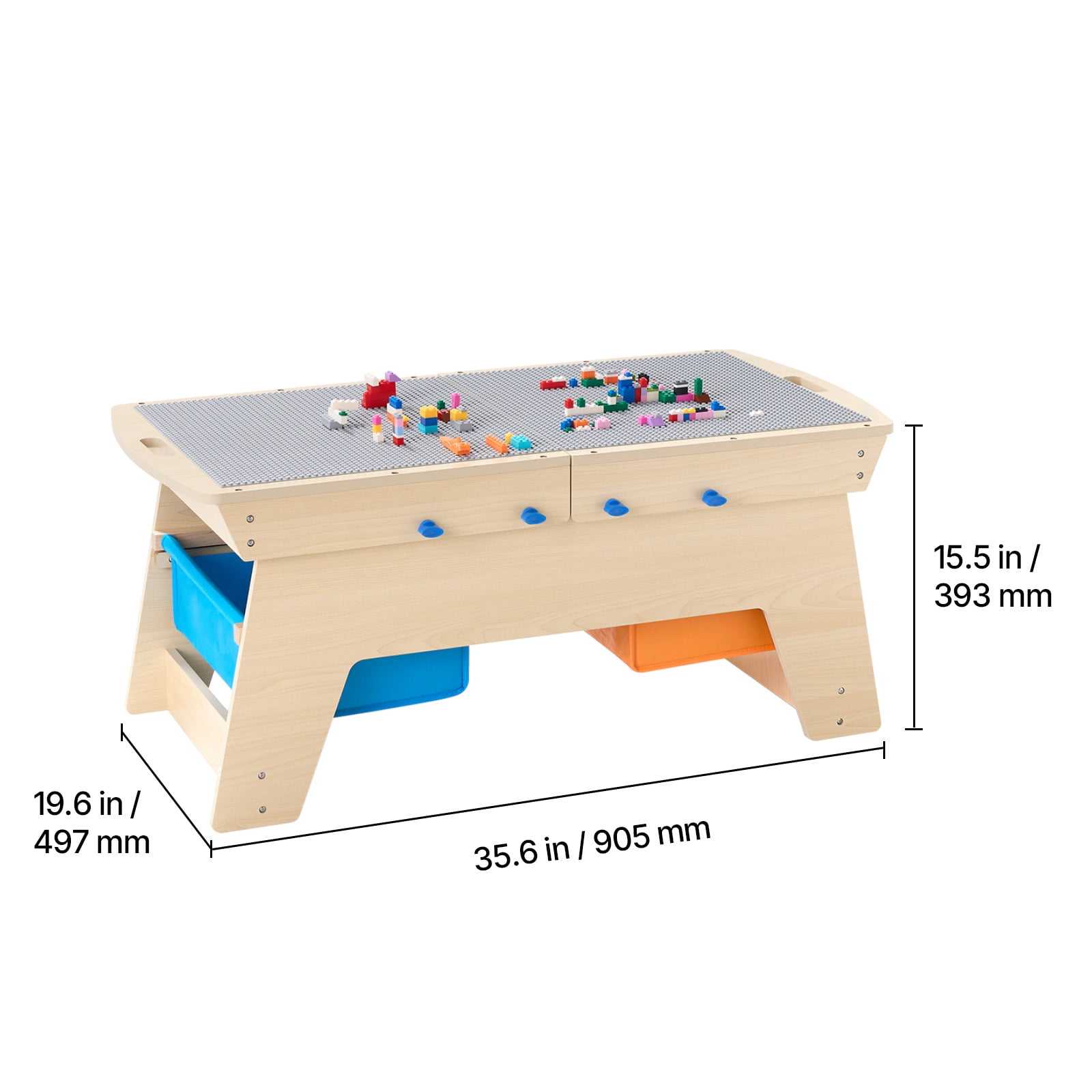 VEVOR Kids Reversible Wooden Activity Table, Multi-Purpose Activity Play Table with 200 Building Bricks & 3 Storage Bins for Kids 3+ Years, Large Storage Space, Present for Boys & Girls, Natural