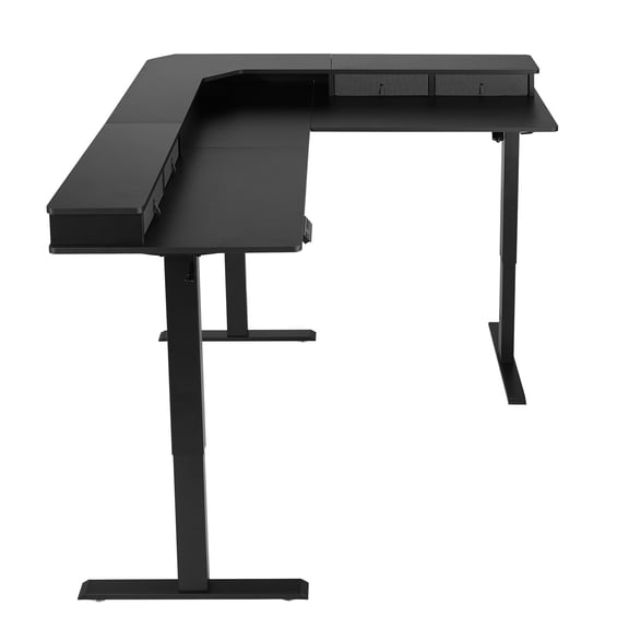 KFFKFF L-Shaped Adjustable Height Desk, Electric Corner Gaming Table with CPU Stands, Dual Hooks, Fabric Drawers, and Power Strip, Ideal for Home Office, Easy Assembly, Black