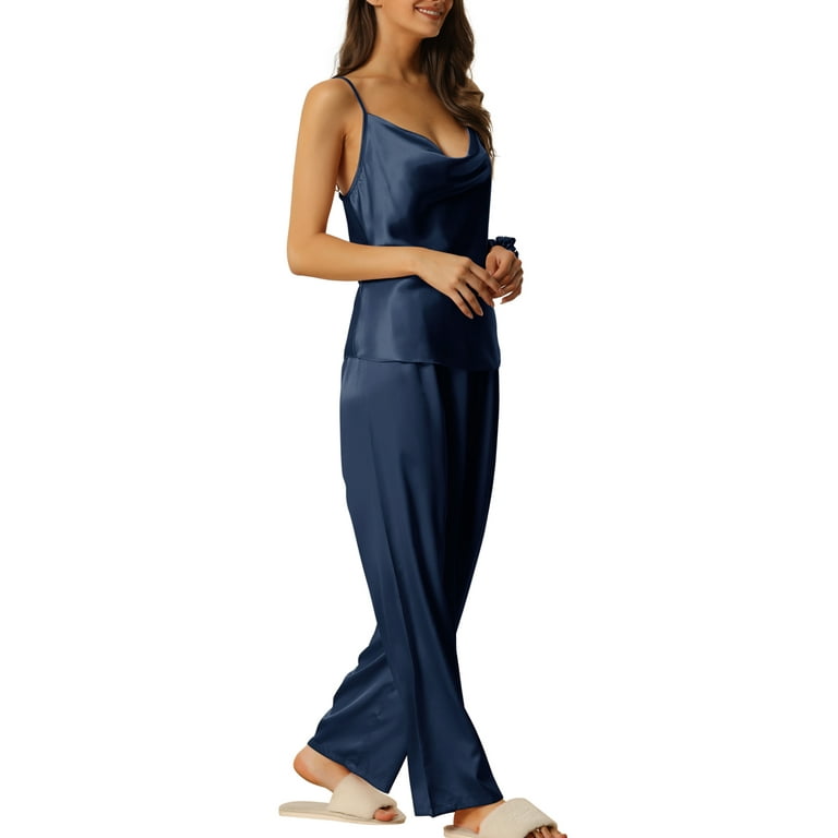 Unique Bargains Womens Satin Cowl Neck Cami Top with Long Pant Loungewear  Pajama Set 