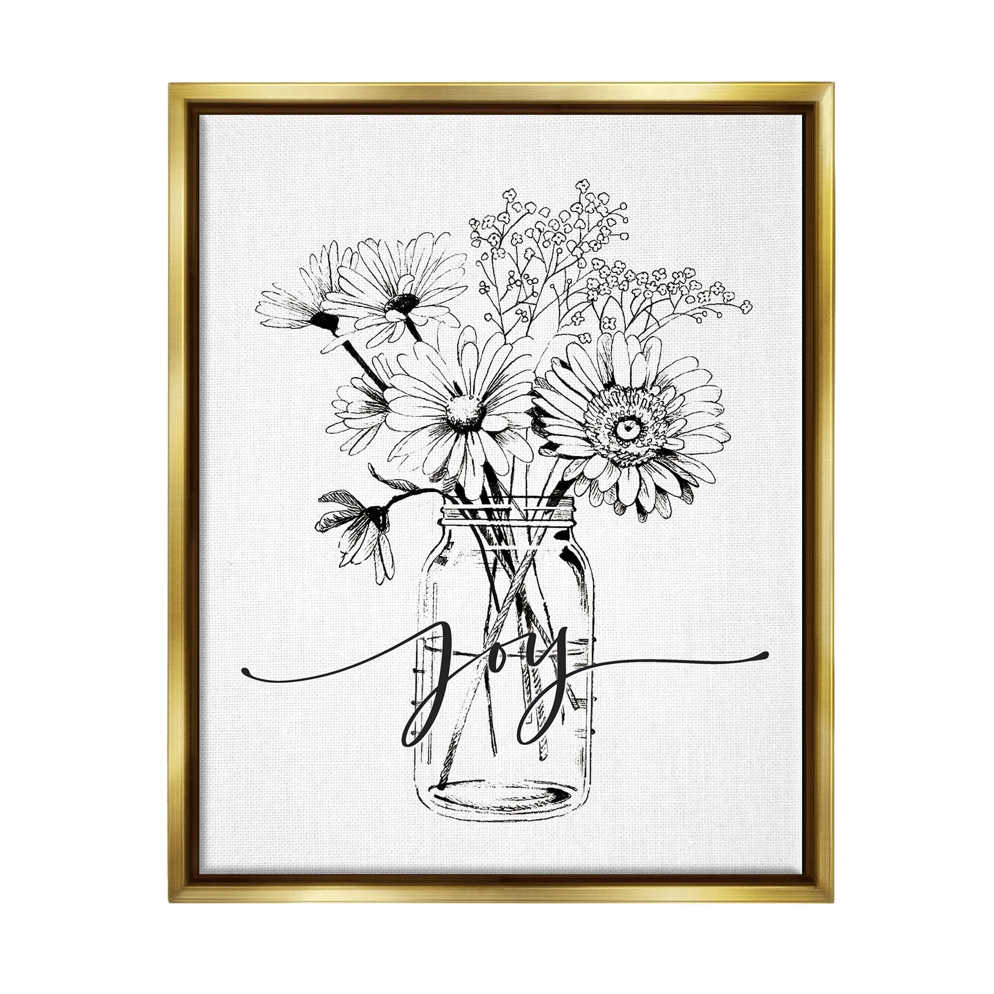 Stupell Industries Joy Text Daisies Bouquet Detailed Line Design Graphic Art Metallic Gold Floating Framed Canvas Print Wall Art, Design by Lettered and Lined