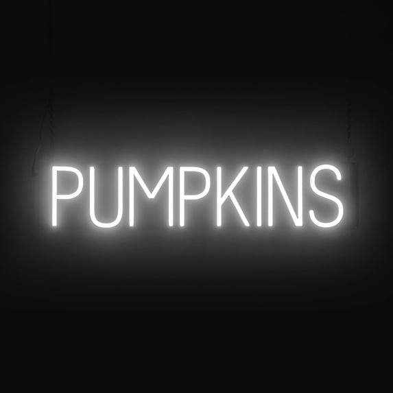 SpellBrite PUMPKINS LED Sign for Business. 29.8" x 6.3" White PUMPKINS Sign Has Neon Sign Look With Energy Efficient LED Light Source. Visible from 500+ Feet, 8 Animation Settings.