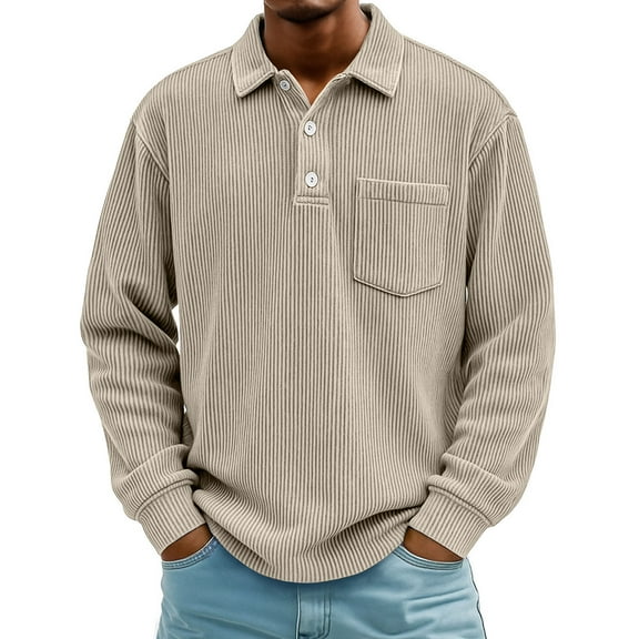 Domuza Corduroy Polo Shirts Men Vintage Textured Long Sleeve Button Up T-Shirts with Pocket Fall Lightweight Loose Fit Collared Pullover Khaki 3XL