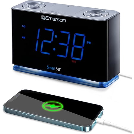 CKS1507 Smartset Radio Alarm Clock, 1.4 Blue LED Digital Display, USB Charging Port, Brightness Dimmer Controls, Bluetooth Connectivity, Set Alarm to Radio, Music, or Buzzer, Black