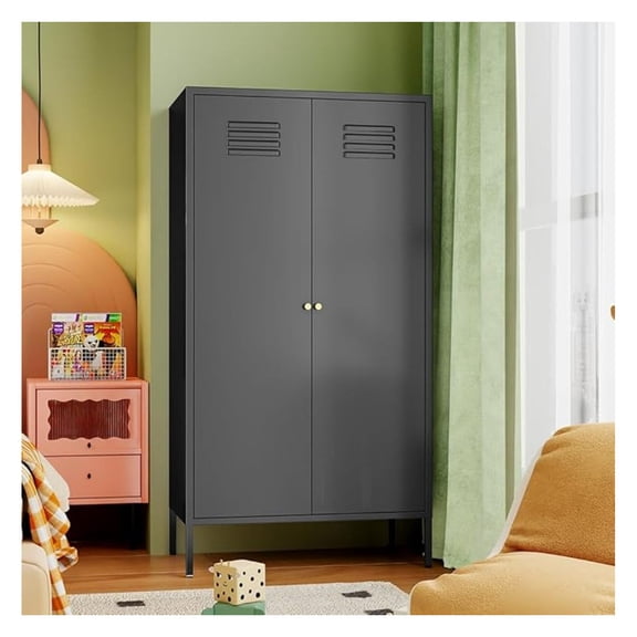 2 Door Metal Wardrobe,Storage Cabinet with Hanging Rod and 2 Freely Adjustable Shelves,Kids Tall Metal Armoire Closet for Kids Bedroom, Laundry Room,Home Bedroom(Steel Wardrobe, Black)