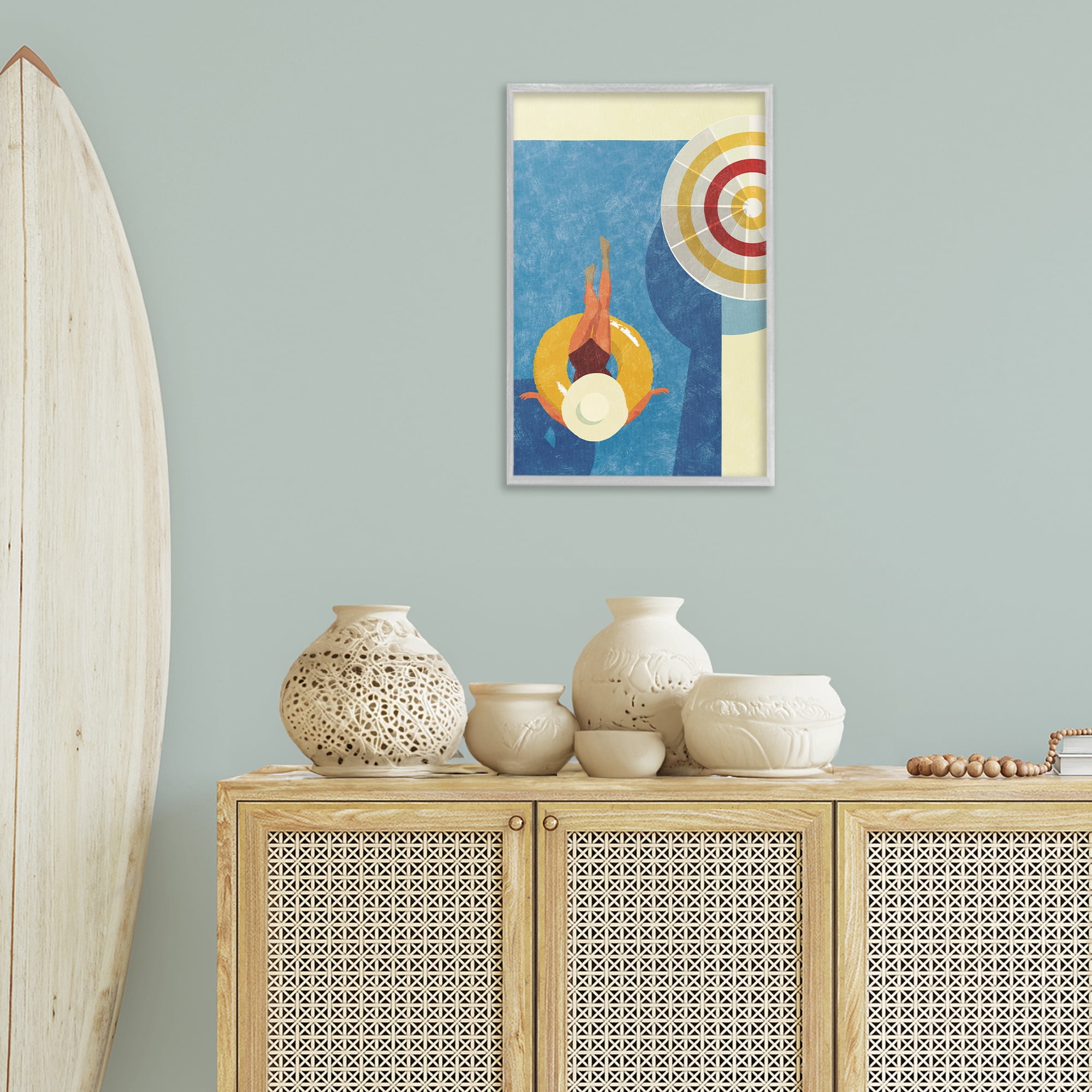 Stupell Industries Relaxing on Pool Float Novelty Painting Gray Framed Art Print Wall Art, 16 x 24