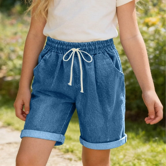 FRSASU Girl's Denim Shorts Elastic Waist Drawstring Jeans Rolled Cuff Stretch Casual Knee Length Loose Comfy Short with Pocket Light Blue