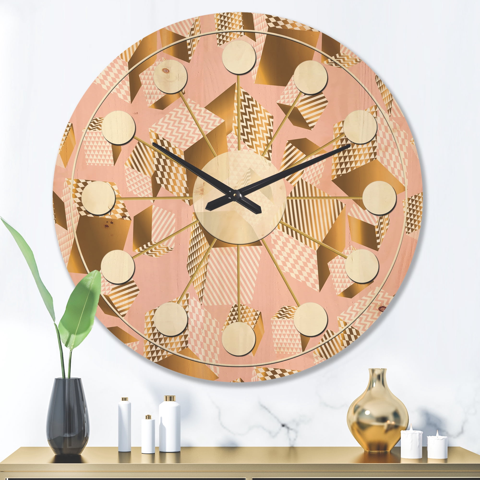 Designart 'Rose and Gold Cubes II' Mid-Century Modern Wood Wall Clock