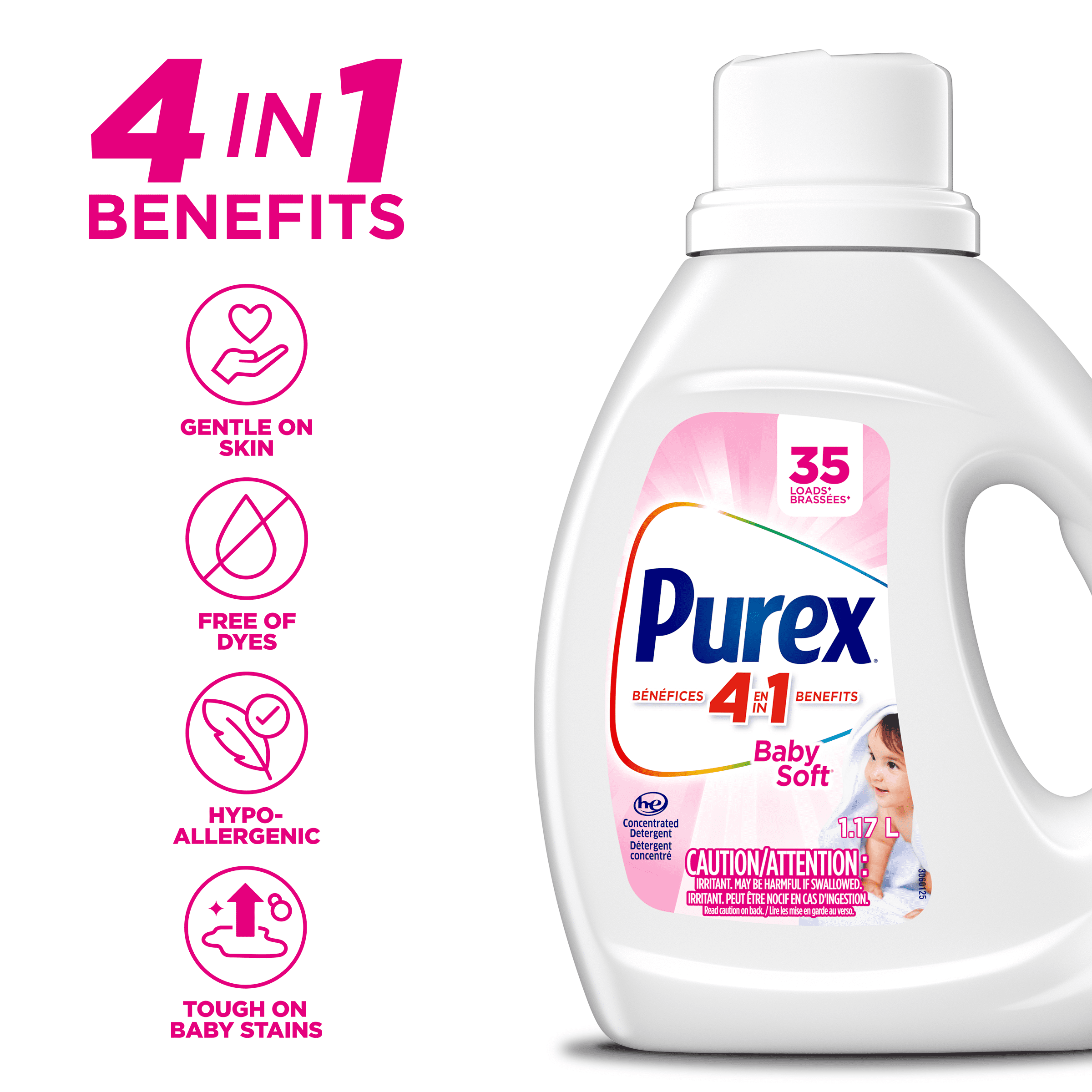 Détergent à lessive liquide hypoallergénique concentré, Purex Baby Soft, sans colorant, testé par des dermatologues pédiatriques, 1,17 L, 35 brassées, compatible avec les laveuses HE
