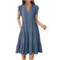 thumbnail image 2 of Fartey Sundresses for Women 2025 Flowy Cap Sleeve Tiered Ruffle Dress Casual Summer V Neck Midi Dress with Pocket Boho Beach Vacation Dresses Blue S-2XL, 2 of 8
