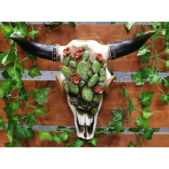12"L Southwestern Steer Cow Skull With Ropes And Cactus Blooms Wall Decor Plaque