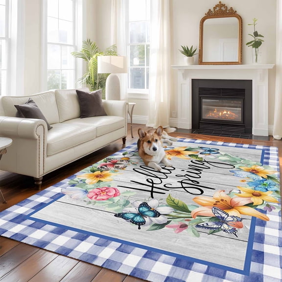 Hello Spring Area Rugs 5x7 ft Tulips Flowers Wreath Butterfly Blue Plaid Wood Washable Rug Non Slip Indoor Carpet Absorbent Floor Mat for Living Room Bedroom Dining Room