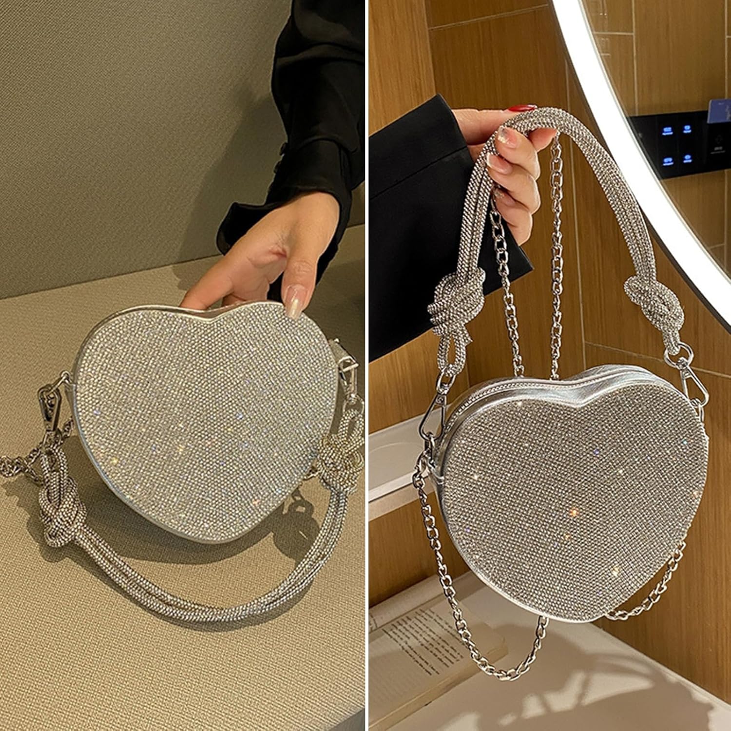 Silver Crossbody Purse, Heart Purse Evening Clutch Small Shoulder Purse Rhinestone Purse Crossbody Bag for Women