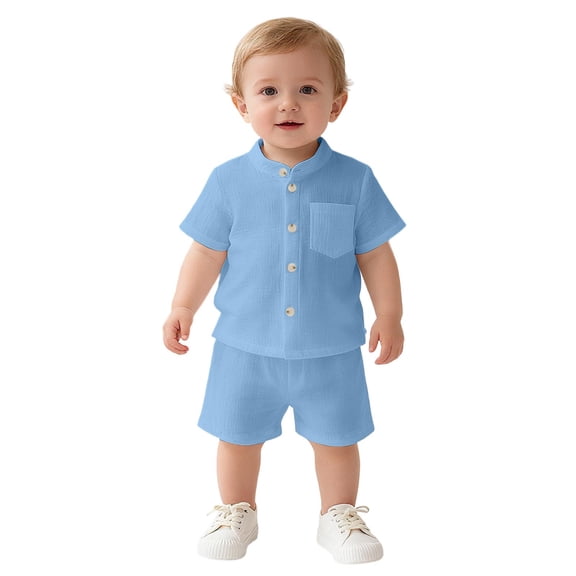 XAOFW Toddler Boys Girls Outfits Short Sleeve Solid Color Button Down Top And Shorts 2 Piece Casual Sets Versatile Clothes Sets 9-12 Months