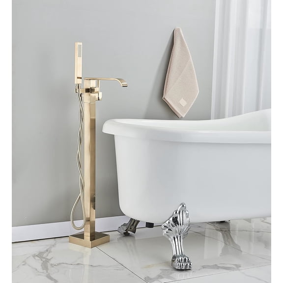 Zovajonia Brushed Gold Freestanding Bathtub Faucet Tub Filler Floor Mount Faucets Brass Single Handle with Hand Shower