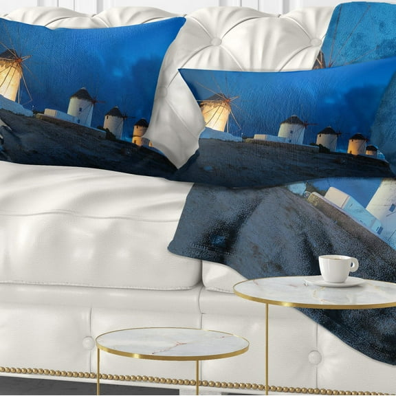 Designart Mykonos Windmills at Blue Hour - Landscape Photography Throw Pillow - 12x20