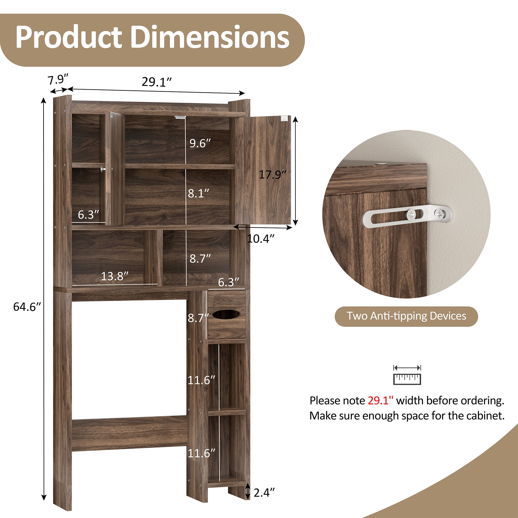 Walsunny Over the Toilet Storage Cabinets with Doors Side Shelves Toilet Paper Holder Stand Organizer Shelf Rack Space Saver above behind Toilet Freestanding for Bathroom Restroom Laundry Walnut
