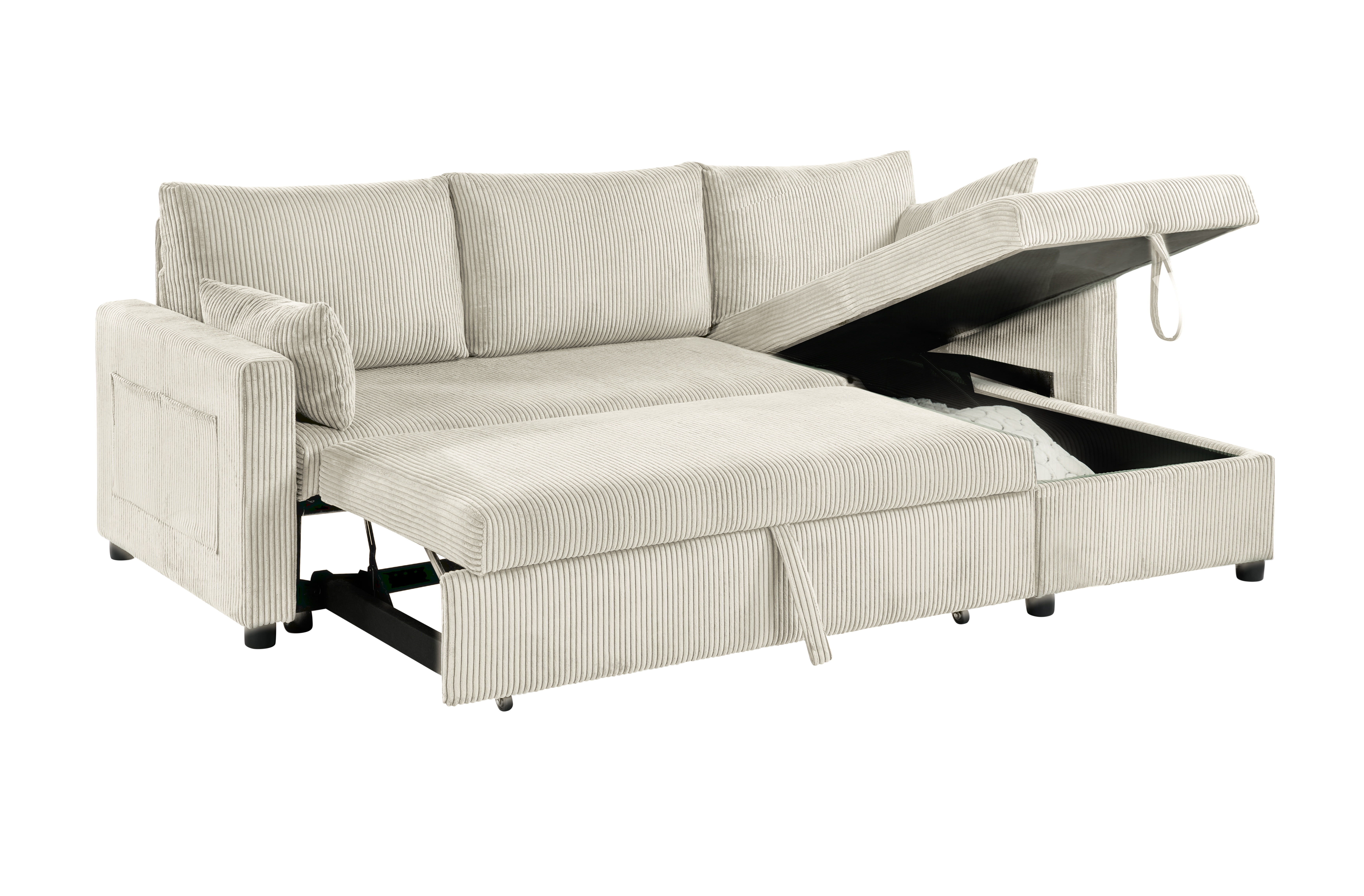 Gewnee 3-Seater Convertible Sofa,Pull Out Sleeper Sofa Bed with Storage Chaise,L-Shaped Corduroy Couch for Living Room,Apartment and Office.Beige