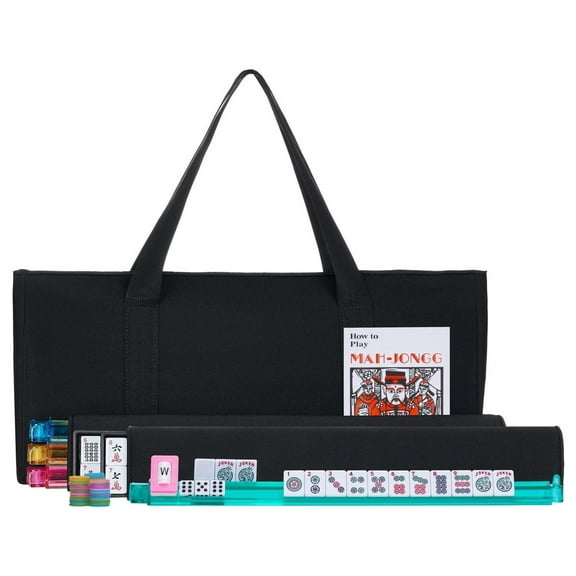 American Mahjong Set - Black Soft Bag - 166 White Engraved Tiles, 4 All-in-One Rack/Pushers Western Mah Jongg Game Set