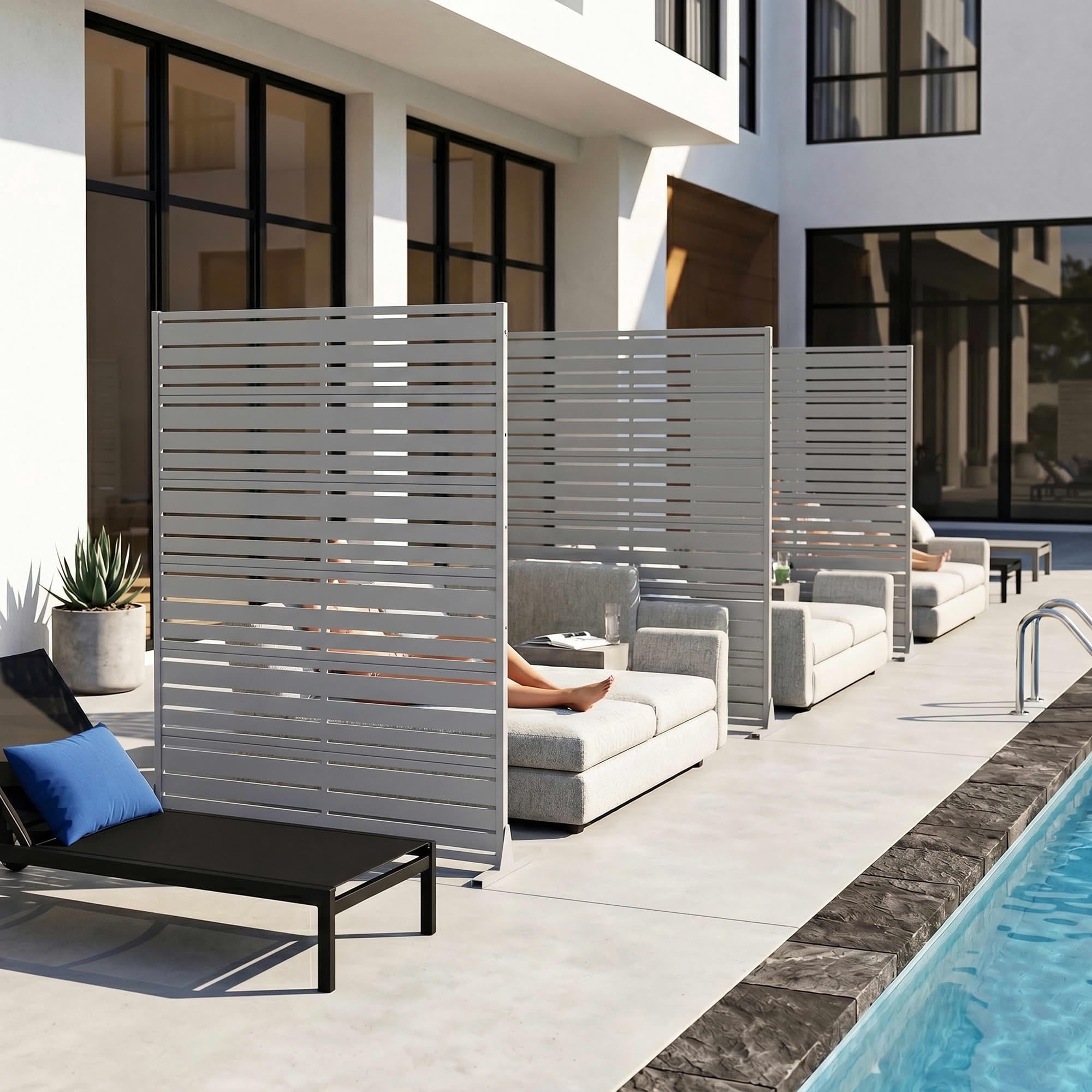 MAYEERTY 72"x47" Privacy Screen, Gray 6-Panel Galvanized Steel Louvered Fence, Wide-1 Narrow-2 Style, Freestanding for Patio Backyard