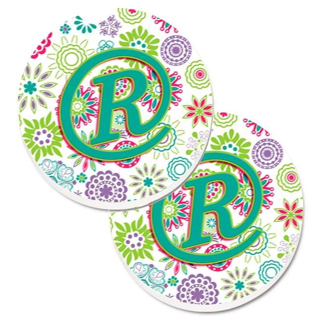 Carolines Treasures CJ2011-RCARC Lettre R Fleurs Initiale Rose & Vert Sarcelle Ensemble de 2 Porte-Gobelets sous-Verre de Voiture