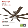 Honeywell Xerxes 62" Brushed Nickel LED Remote Control Ceiling Fan, 8 Blade, Integrated Light