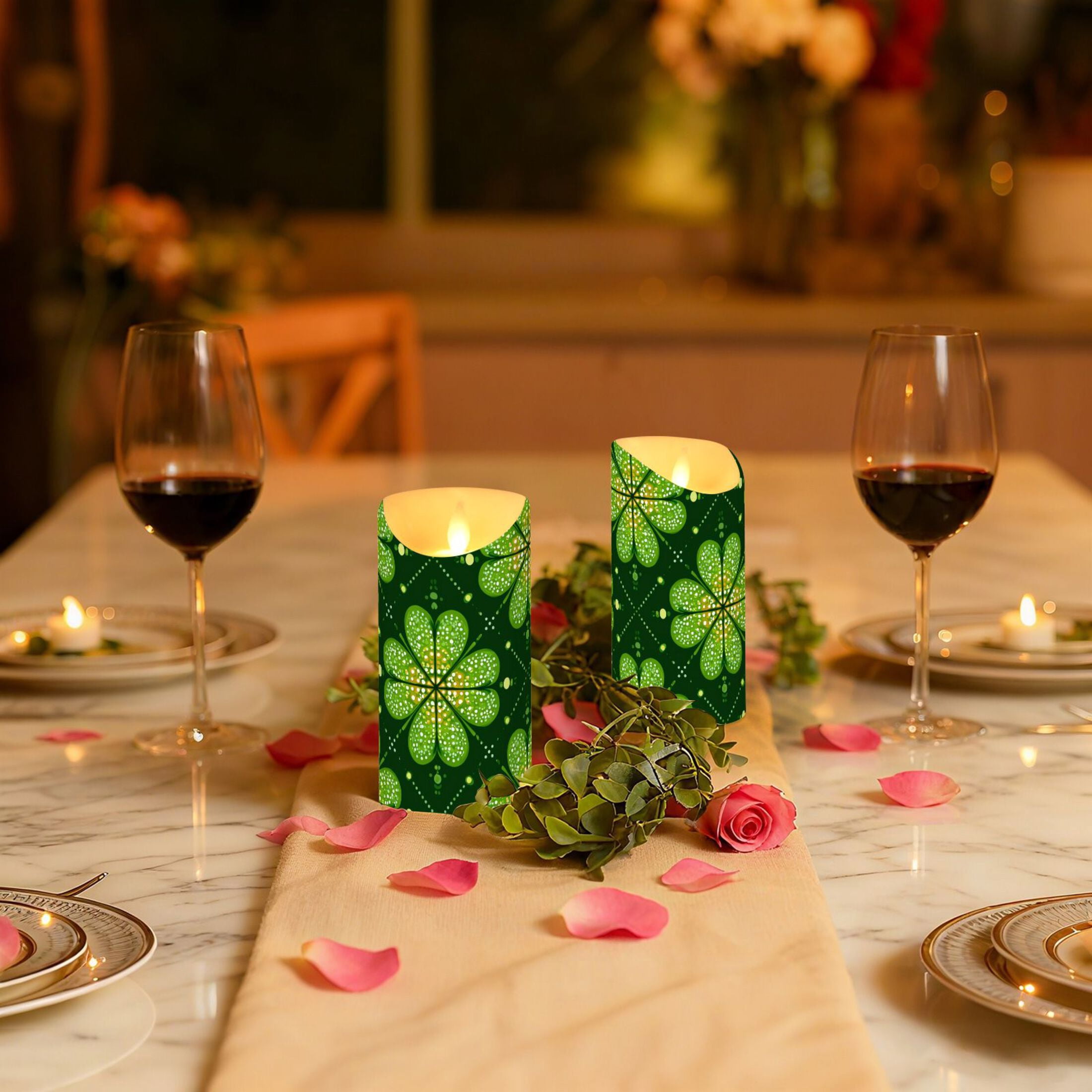Clovers on Grids St Patricks Day Flickering Flameless Candles with Remote Timer Battery Operated LED Tealight Set of 2 M