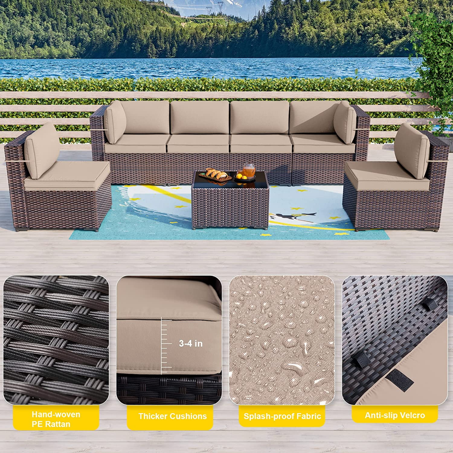 Gotland 7 Piece Outdoor Patio Furniture Sets, Outdoor Furniture Patio Sectional Sofa, All Weather Woven Wicker Patio Sofa Brown PE Rattan Patio Conversation Set (Sand)