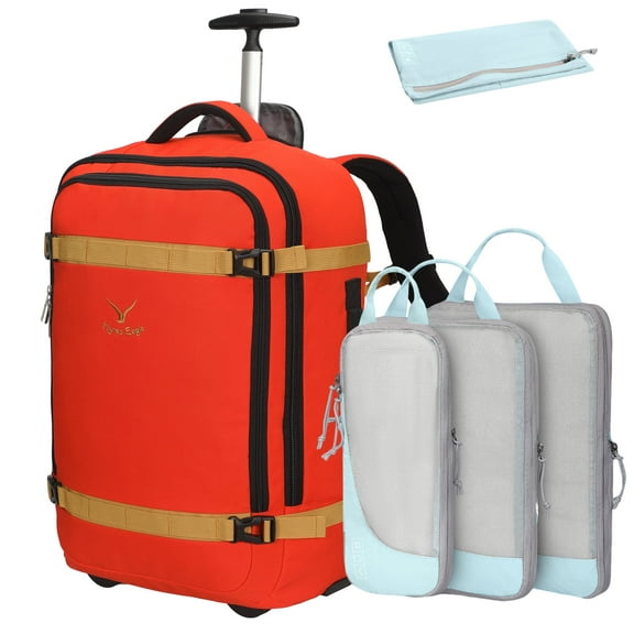 Hynes Eagle 22-inch Rolling Backpack Convertible Carry On Luggage with 4-Piece Packing Cubes, Orange Red & Blue