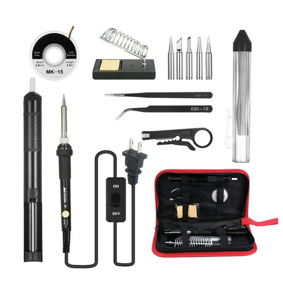 TFixol 14 in 1 Soldering Iron Kit 60W Adjustable Temperature Welding Soldering Iron with ON/OFF Switch 5pcs Soldering Tips Solder Sucker Desoldering Wick Solder Wire Anti-static Tweezers Iron Stand wi