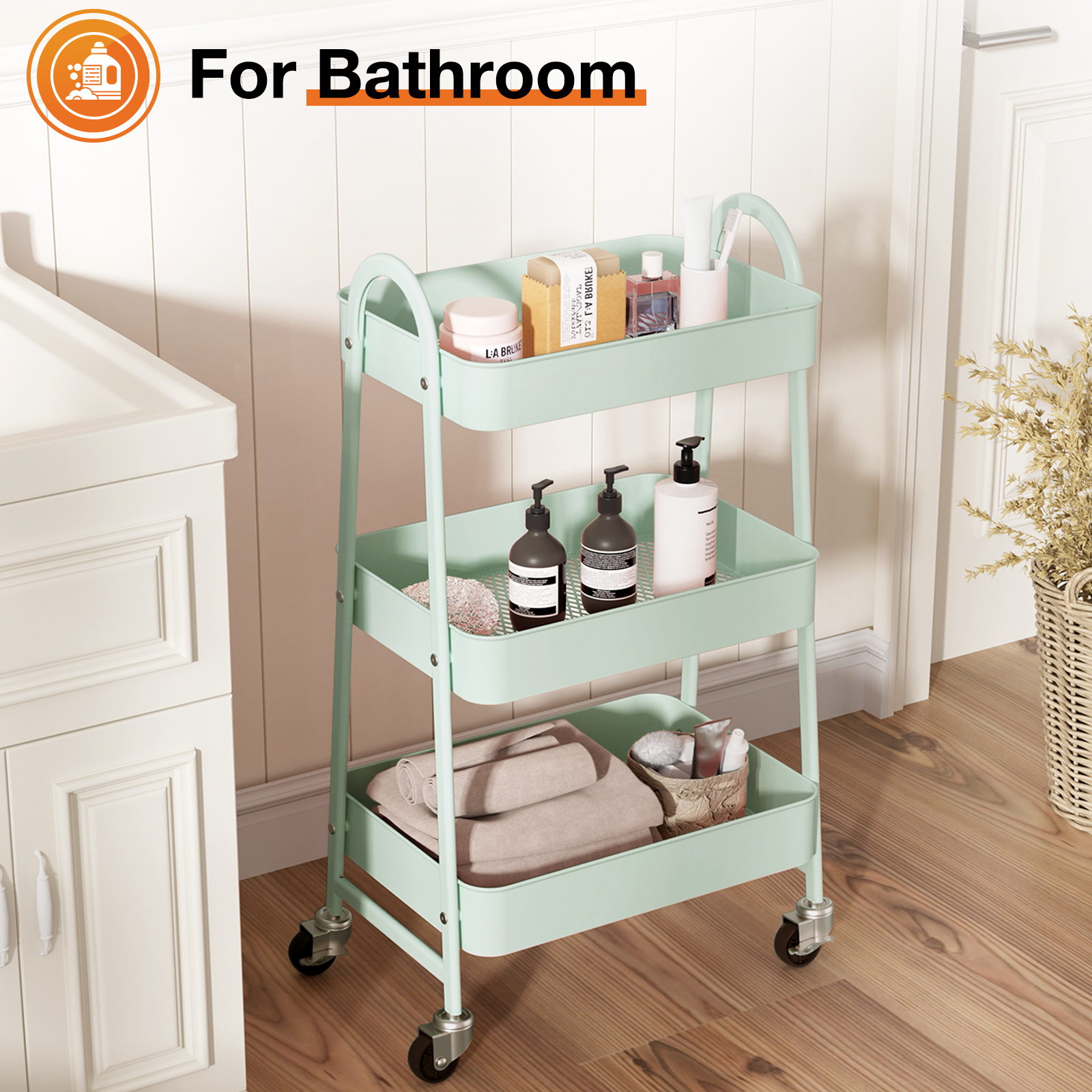 3-Tier Rolling Metal Storage Cart with Locking Casters, Utility Organizer for Kitchen, Bathroom, Laundry, and Office