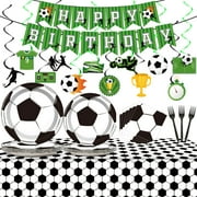 Soccer Party Decoration Soccer Happy Birthday Tableware Set Soccer Theme Banner Football Party Plates Tablecloth Sports Theme Party Napkins Forks Hanging Swirls for Boys Kids Soccer Party Supplies