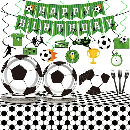 Soccer Party Decoration Soccer Happy Birthday Tableware Set Soccer Theme Banner Football Party Plates Tablecloth Sports Theme Party Napkins Forks Hanging Swirls for Boys Kids Soccer Party Supplies