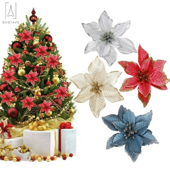 Gustave 12 Pieces Glitter Artificial Christmas Flowers, 5.91" Christmas Poinsettia Glitter Flowers for Wedding Christmas Tree Wreaths Ornament Decorations Home Decor